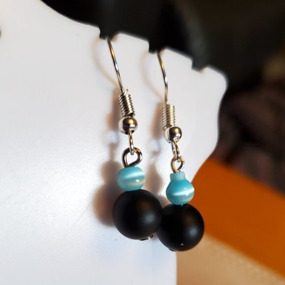 Silver Tone Hook Lava Bead and Cat's Eye Earrings - Picture 1 of 2